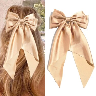 Hair Clip, Champagne Gold, Large Satin Bow with Long Tail for Women Alligator Hair Clips, Silky Hair Barrettes for Women