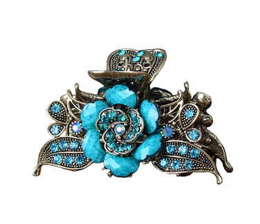 Fodattm Women Lady Retro Rose Flower Imitation Turquoise Hair Claw Clip Vintage Alloy Rhinestone Non-Slip Hair Jaw Clips Hairpin Hair Clamp (Blue)