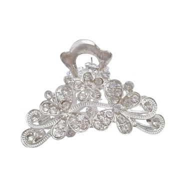 Retro Flowers Hair Claw Clip for Women Lady Vintage Alloy Rhinestone Hair Jaw Clips Hairpin Fancy Hair Clamp (Silver)