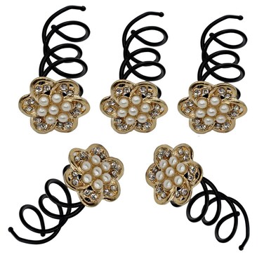 5PCS Imitation Pearl Spiral Twist Screw Hair Pins Rhinestone Flower Hair Clips Spiral Bobby Pins Hair Bun Styling Tool Hair Accessories for Women Lady (E#)