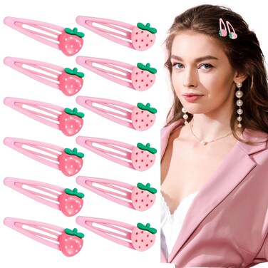 TIESOME Strawberry Hair Clips, 12 PCS Pink Metal Snap Hair Barrettes for Women Cute Strawberry Hair Accessories Pink Fruit Hair Clips Sweet Bangs Clip for Women Gift Party Supplies