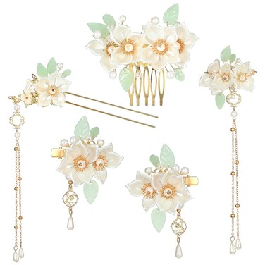 Chinese Hanfu Flower Hairpin Set, 5 PCS Floral Retro Chinese Tassel Headpiece Traditional Chinese Hanfu Brides Hair Accessories for Hairstyle Daily Wear Party Banquets Dating Weddings(Camellia)