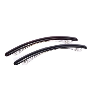 Parcelona French Skinny Rounded Tortoise Shell Brown and Black 4&rdquo; Celluloid Automatic Set of 2 Hair Clip Barrettes for Women and Girls