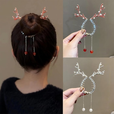 mdgfge Christmas Hair Clips Deer Horns Ears Hairclips Pearl Antler Tassel Hairpin Barrettes Xmas Headpiece for Women Girls Christmas Winter Family Party Favors New Year Gift (2Pcs)