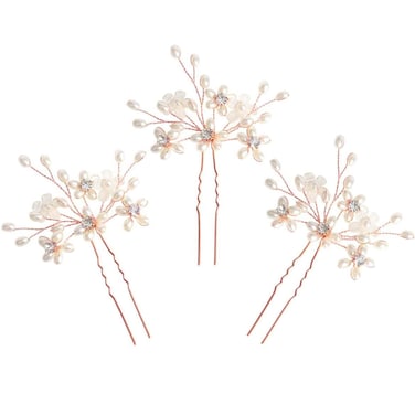 Elegant Pearl Wedding Hair Pins, Floral Crystal Hair Accessories for Bridal Women, Pack of 3 (Rose Gold)