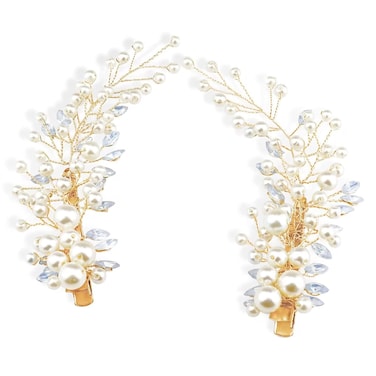 Wedding Pearl Hair Clips（2 Pcs）- Rhinestone Hair Accessories for Bridal Women（Gold)