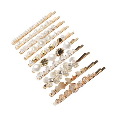 10 Pack Sparkle Bead Hair Slides Pearls Hair Clips for Women Girls Crystal Beaded Hairpins Stone Hair Grips Handmade Metal Gold Hair Barrettes Hair Accessories