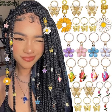 NAISKA 24Pcs Gold Butterfly Braid Clips Spring Hair Jewelry Dreadlock Accessories Colorful Butterflies Pendant Charms Flower Braid Clips Beads Cuffs Rings Hair Jewelry Gifts for Women and Teen Girls