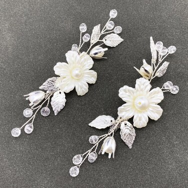Pearls Flower Hair Clips 2pcs Bridal White Floral Silver Leaf Vine Hair Pieces Accessories for Wedding Women