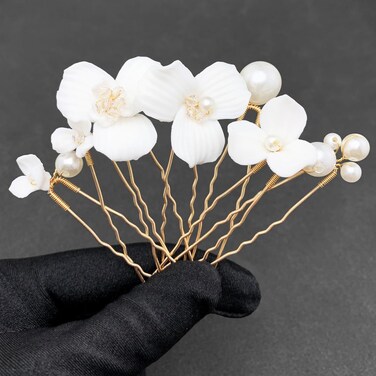 White Flower Hair Pins for Wedding 7PCS Elegant Bridal Ceramic Flower Pearl Hair Pieces Accessories for Women