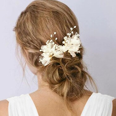 Bridal Hair Pins 2Pcs White Flower Pearl Wedding Hair Pieces Vine Accessories for Women Flower Girls Party (White)