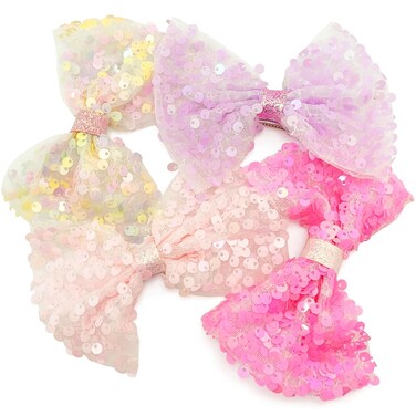 Shiny Sequins Hair Bows for Girls, 4 Pieces Pink Style Glitter Mesh Alligator Hair Clips Accessories 4.7" for Kids Teens (Style-1)