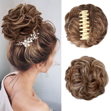Claw Clip Messy Bun Hair Piece Curly Wavy Faux Hair Bun Extensions Synthetic Chignon Tousled Updo Hair Scrunchie Claw Clip Ponytail Hairpieces for Women（#Dark Brown Mix Ash Blonde）