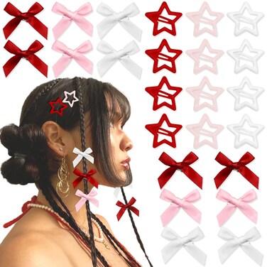24PCS Hair Clips Set - 3 Colors White, Red, Pink Mini Satin Bows and Star Snap Clips for Girls and Women