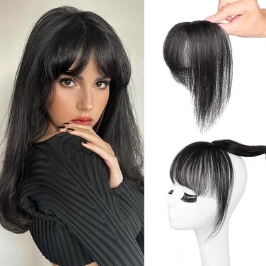 Bangs Hair Clip in Bangs Real Human Hair 100% Human Hair 360&deg; Cover Clip on Bangs for Women Fake Bangs for Daily Wear (Black)