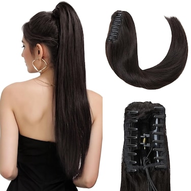 Hairro Clip On Ponytail Hair Extensions Jaw On Claw Clip Ponytails Real Hair Long Jaw/Claw Pony Tail With Clips Hairpieces For Women 14 Inch 105g 1B Natural Black