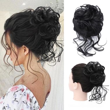 Messy Bun Hair Piece Claw Clip Synthetic Chignon Tousled Updo with Tendrils Hair Extensions Hair Bun Curly Wavy Faux Hair Bun Hair Scrunchies Hair Accessories for Women（Black）