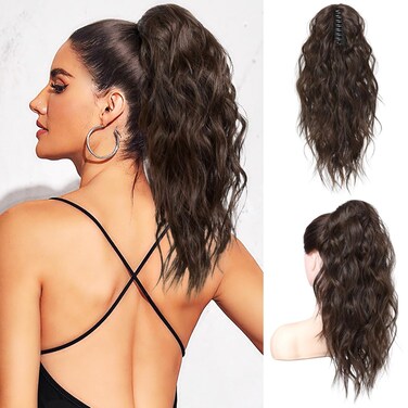 FLUFYMOOZ Wavy Curly Claw Clip Ponytail - Natural Synthetic Hairpiece, 18 Inch (Dark Chocolate Brown)