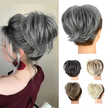 QGZ Messy Bun Hairpiece,Tousled Updo Clip in Hair Bun with Side Comb Natural Adjustable Versatile Synthetic Hair Scrunchies for Women Girls(1 PCS, Dark Grey ombre White)