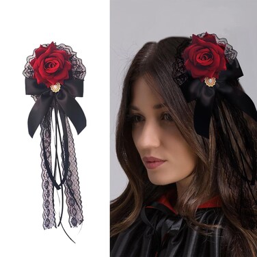 Rose Bow Hair Clip Lolita Gothic Rose Bowknot Lace Ribbon Hairpin Brooch Handmade Hair Bride Accessories for Halloween Cosplay Wedding Birthday Party Women Decoration, Black, Red