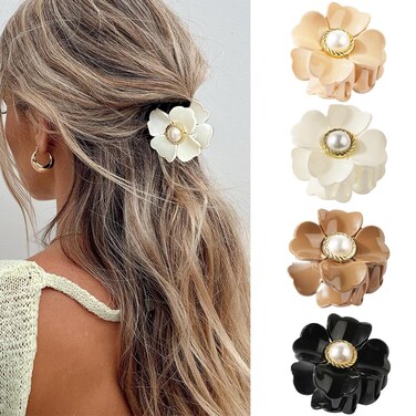 4 Pcs Flower Hair Claw Clips for Women Medium Bright Surface Flower Peal Claw Clips Strong High Ponytail Holder Nonslip Hair Jaw Clips Thin Thick Hair Clamp Hair Accessories for Hawaiian