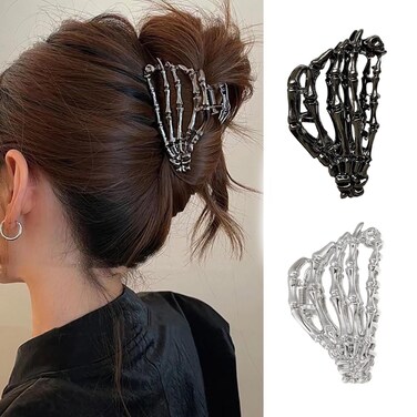 2Pcs Halloween Skeleton Hand Hair Clips For Women Halloween Hair Claw Clip Black Silver Metal Claw Clips Halloween Skeleton Hand Non-Slip Jaw Claw Clips For Women Halloween Hair Accessories