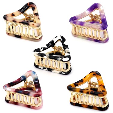 Cobahom 5 Pcs 1.7 Inch Small Claw Clips Acetate Hair Jaw Clips for Thick Hair Fashion Hollow Triangle Hair Clips for Women Girls (Light Leopard+Red+Deep Leopard + Black and White + Purple)