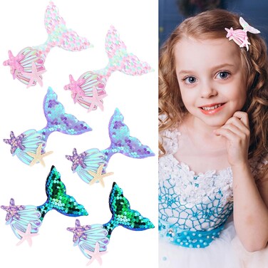6Pcs Mermaid Hair Clips Mermaid Hair Accessories Starfish Hair Clip Sequin Hair clips for Girls Pink Purple Green Hair Clips Fishtail Sparkling Hair Clips Hair Accessories for Girls