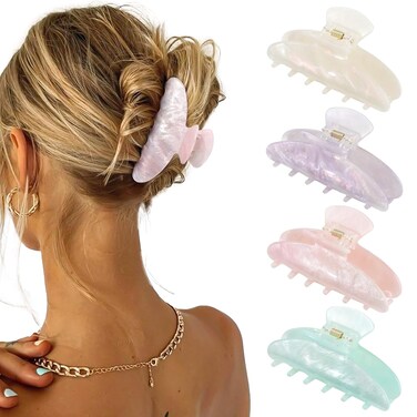 4Pcs Large Hair Claw Clips - Acrylic Big Hair Clips for Thick Hair Strong Hold Hair Jaw Clips Non-slip Banana Hair Barrettes Clips for Women Girls (Sparkle(white/purple/pink/green))