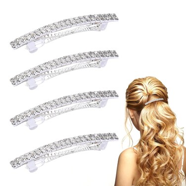 Sparkly Rhinestone Silver Hair Accessories: 4 Pcs Bling Hair Clips, Barrettes, and Ponytail Holders with Crystals and Jewels