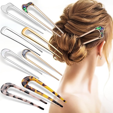 Yolev 8 Pieces U-shaped French Hair Pins Metal Chignon Hair Pins Acetate 2 Prong Bun Updo Hair Fork Hair Sticks Hairstyle Accessories for Women