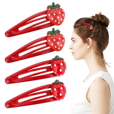 4 PCS Strawberry Snap Hair Clips, Red Metal Snap Fruit Hair Clips Hair, Cute Strawberry Metal Snap Hair Barrettes, Make up Hair Clips for Strawberry Hair Clips Accessories of Women