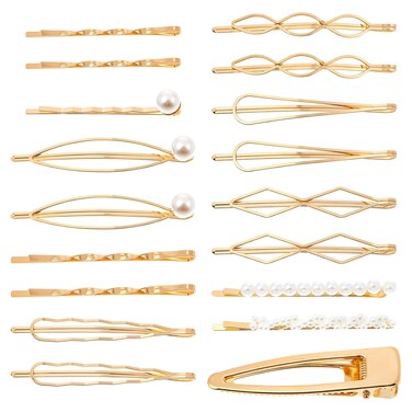 18 PCS Geometric Metal Gold Hair Styling Pins Girls Pearls Hair Clips Elegant Hair Barrettes Bridal Elegant Hair Barrette Set Gold Metal Bobby Pins Dainty Embellished Bobby Pins for Woman Girls