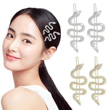 4Pcs Snake Hair Clips for Women Girls Metal Snake Hair Pins, CYHYII Shine Crystal Rhinestone Snake Hair Barrette Sliver Gold Hair Accessories Bobby Pins