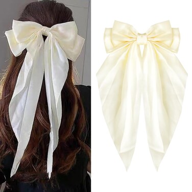 Beige Ribbon for Hair Bows Clips for Girls Big Bow Hair Clips Long Tail Hair Bows for Women Butterfly Bow Hair Barrettes Big Bowknot Ribbon Hair Pin Clips Large Silk Satin Hair Bow Accessories