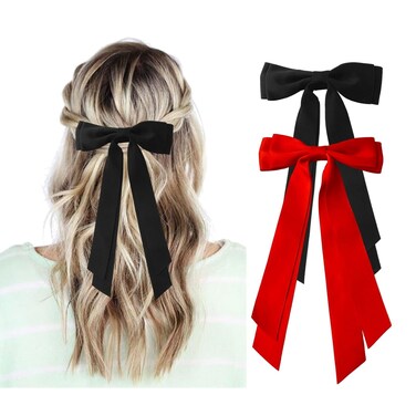 Red and Black Hair Bows for Women - 2Pcs Silkly Satin Hair Ribbon Bow with Metal Clips Hair Accessories for Girls