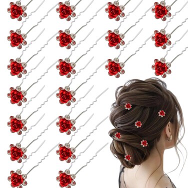 20 Pieces Red Crystal Hair Pins Rose Flower Hair Clips U Shaped for Bride Women Girls Wedding Dance Birthday Hair Accessories