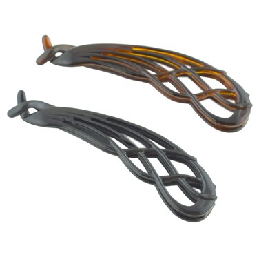 Parcelona French Curved Large 4" Celluloid Banana Hair Clip Set of 2 Updo Flexible Ponytail Holder Interlocking Fashion Durable Styling for Women Hair Accessories, Made in France (Shell and Black)