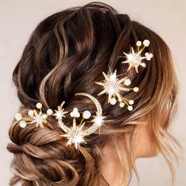 Brishow Gold Moon Star Hair Pins Rhinestone Wedding Hair Clips Pearl Bridal Hair Accessories for Women and Girls(Pack of 4)