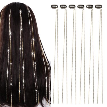 hoyuwak 6Pcs Hair Jewelry for Braids Rhinestone Hair Chains with Clips Rave Hair Charms Accessories for Women Girls Festival Holiday Disco Hairstyle Decoration(Gold)