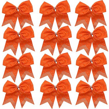 Hipcheer 12PCS 8" Rhinestones Large Cheer Hair Bows for Girls, Hand-made Grosgrain Ribbon Hair Accessories for Teen Girls Softball Cheerleader Sport (Orange)