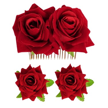 Rose Flower Hair Clip Fabric Rose Hairpin Rose Brooch Floral Clips, 3 Pcs Mexican Hair Flowers Pin up Headpieces Flamenco Dancer Hair Accessories for Women Girls Wedding Mother's Day (Red)