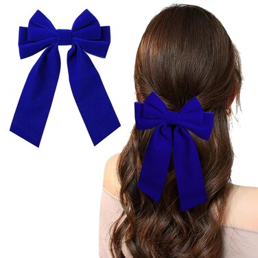 Elegant Big Hair Bow Clips for Women and Girls - 7" Velvet Blue Accessories, Gift for Mom, Wedding, Prom, Dating, Back to School