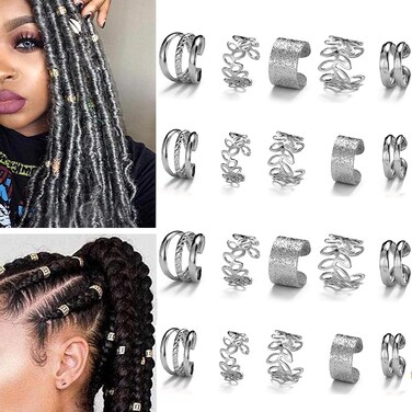 20 PCS Silver Hair Jewelry for Braids Crystal Rhinestone Dreadlock Metal Braid Clips Non-Piercing Ear Clip Cuffs Jewelry for Women Men Hair Accessories Braid Tools