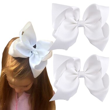 2 PCS 8 Inch Boutique Hair Bows Clips for Girls Toddler, Grosgrain Ribbon Big Large Bows Alligator Clips Kids Hair Accessories (White, Set-1)