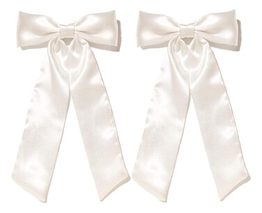 Furling Pompoms Hair Bow Clips for Women,White Hair Bows Clips,2pcs Long Tail Ribbons Bows, Big Satin Bows Hairpins Barrettes Girls Hair Accessories