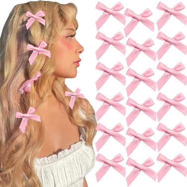 20PCS Pink Mini Bowknot Ribbon Barrettes - Cute Claw Clips for Teens, Women &amp; Girls' Hair Accessories