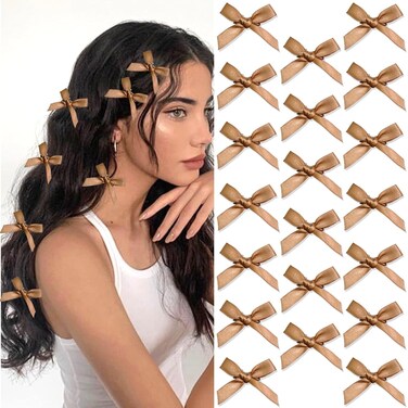 20PCS Brown Mini Hair Bows Small Bowknot Ribbon Barrettes Cute Bow Clips for Girls Teens Metal Alligator Clips Kawaii Hair Clips Accessories for Thick Thin Hair