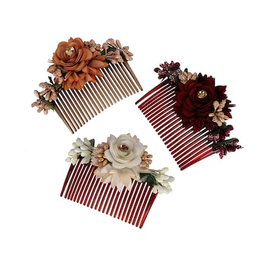 Multicolor Pack of 3 Acrylic Comb Indo Western Fancy Hair Clip/Side Pin/Comb Pin/Jooda Pin Hair Accessories with Cloth Flower for Women's Hair and Girls