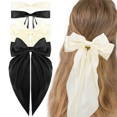WHAVEL Hair Bow, 4PCS Hair Bow Ribbon for Hair Silky Satin Bow Clips with Long Tail - Cute Hair Clips (Black, Beige) for Women and Girls
